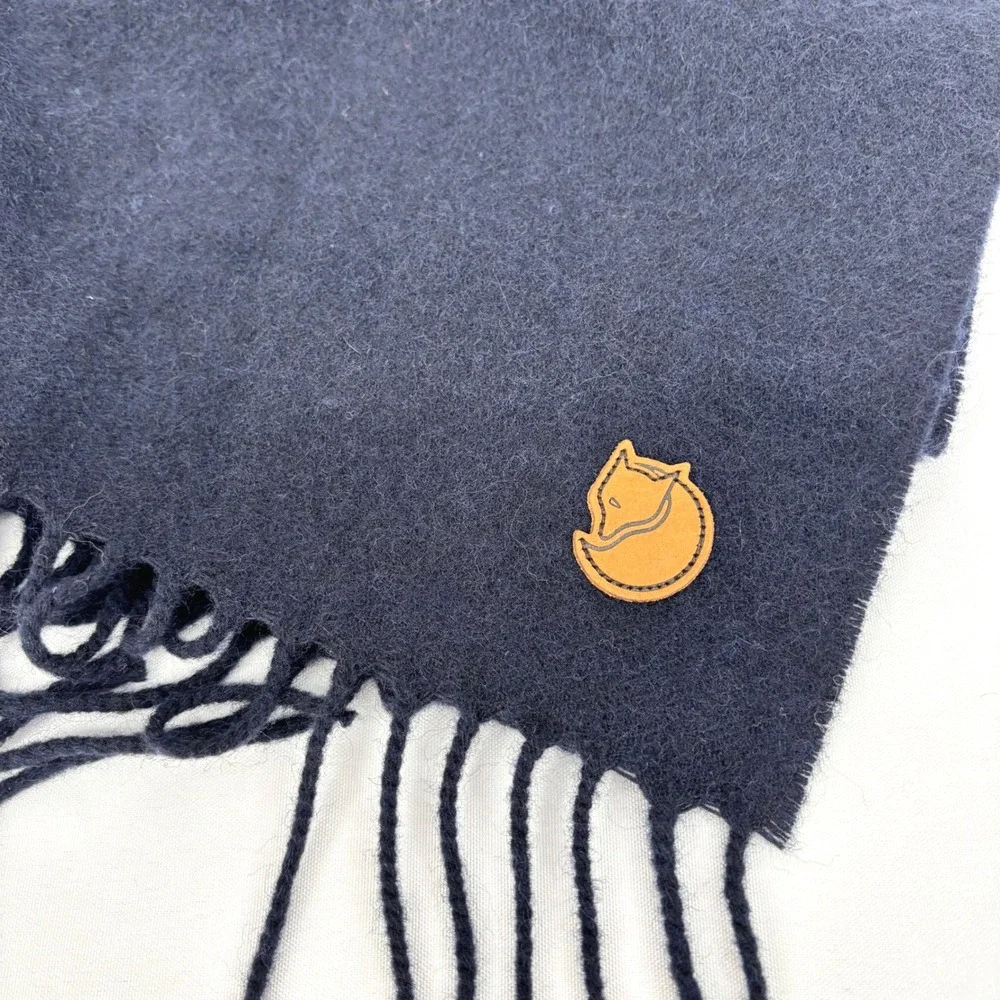 Fjallraven Wool Scarf Fringe Solid Navy Leather Patch Unisex 81 in